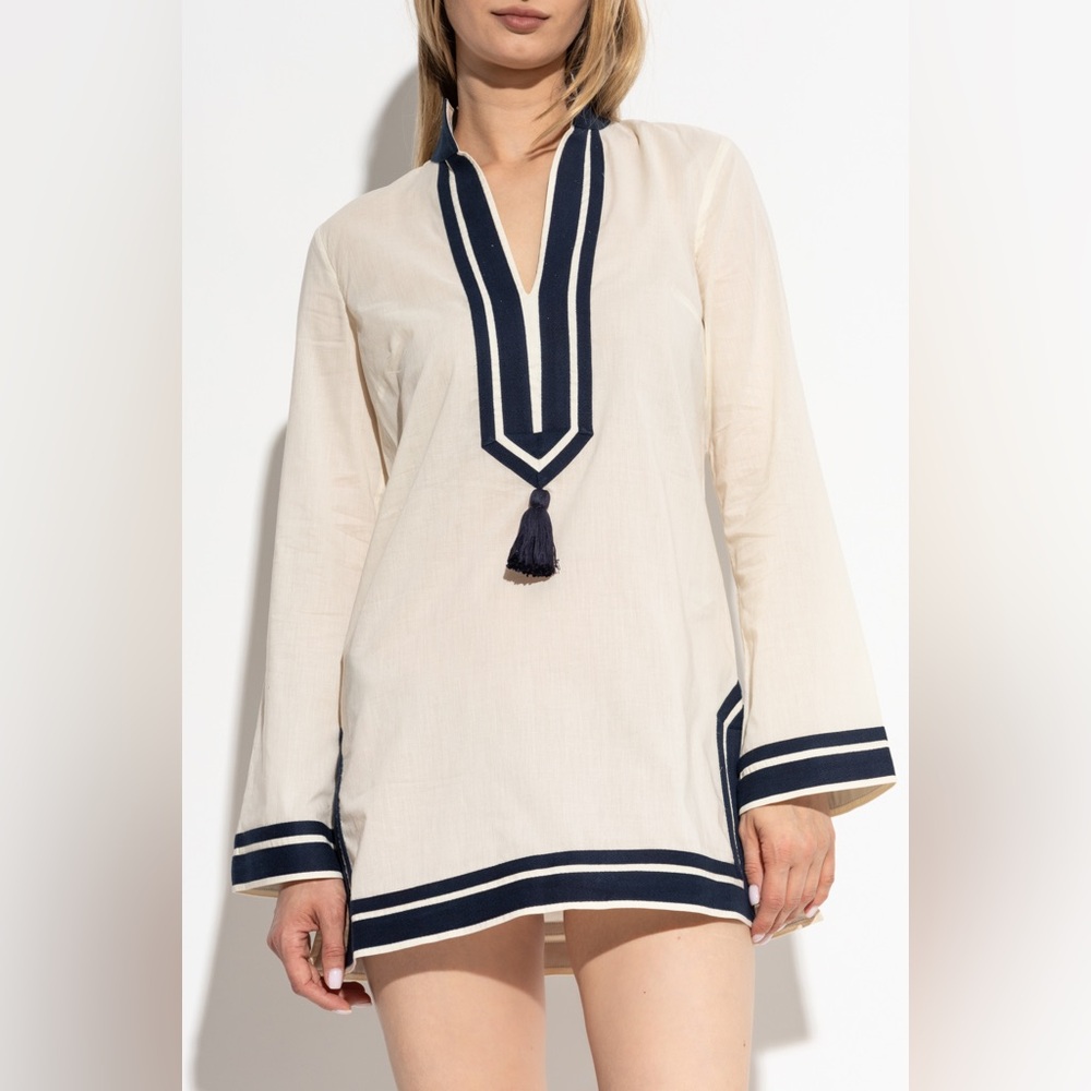 NWT Tory Burch White Caftan With Contrasting Details And Tassel In Cotton Woman